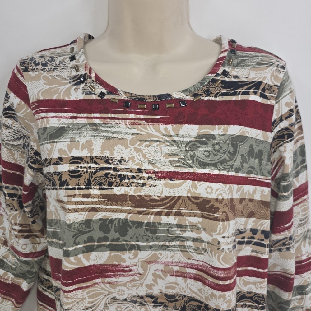 Alfred Dunner Shirt Women M Green Stripe Studded 3/4 Sleeve Tunic Top Preppy Mom - Picture 3 of 10